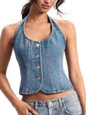 mare mare Anthropologie Denim Halter Top Blue Corset Button Front Medium